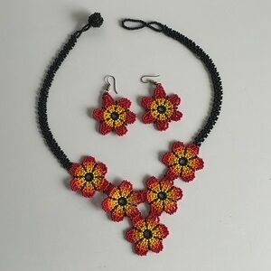 Handcrafted Floral Beaded Necklace and Earrings Set